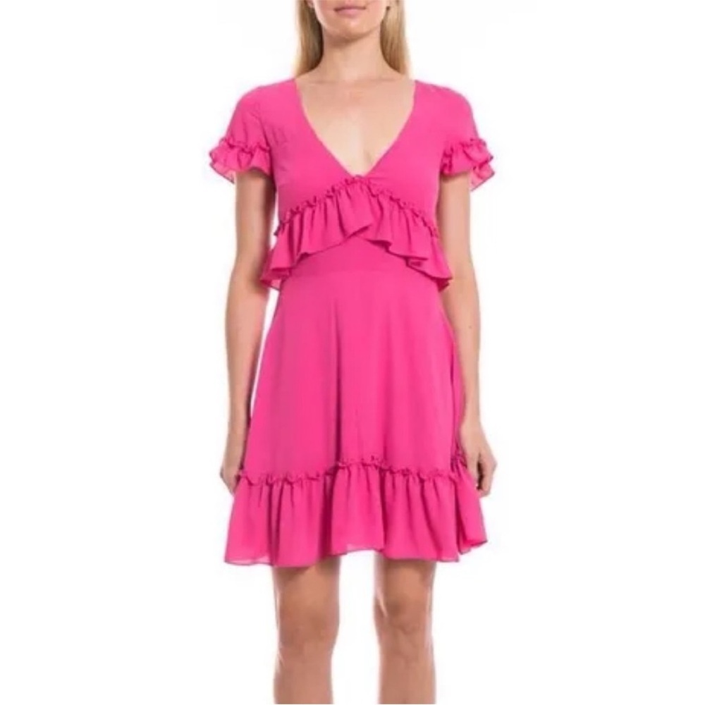 LIKELY Brason Ruffle Trim Flowy V Neck Cap Sleeve Party Dress in pink crepe sz 4